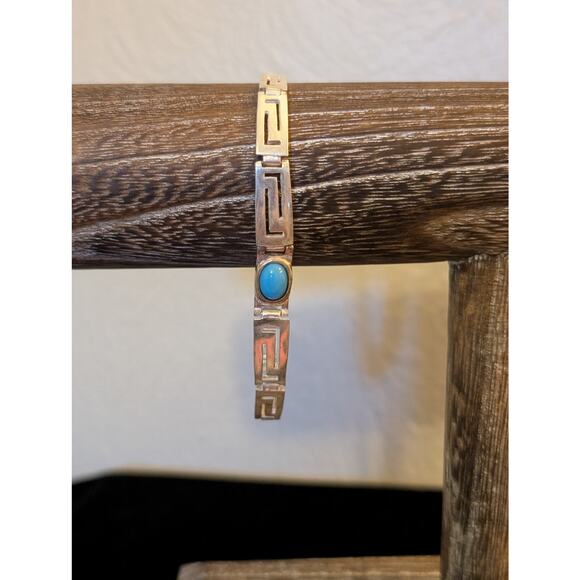 925 Sterling Silver Turquoise Graduated Greek Key Bracelet - Picture 8 of 10